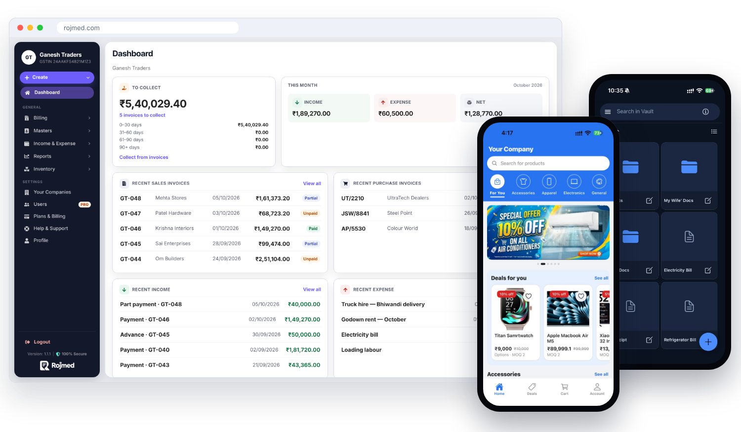 Rojmed GST billing dashboard on desktop with the My Store shopping app and the 1Vault document vault app on phones — software built by Artista Solutions