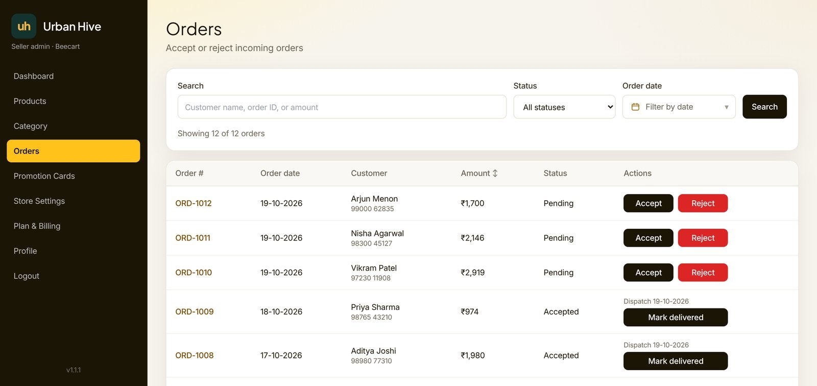 Beecart seller admin orders list with Accept, Reject and Mark delivered buttons
