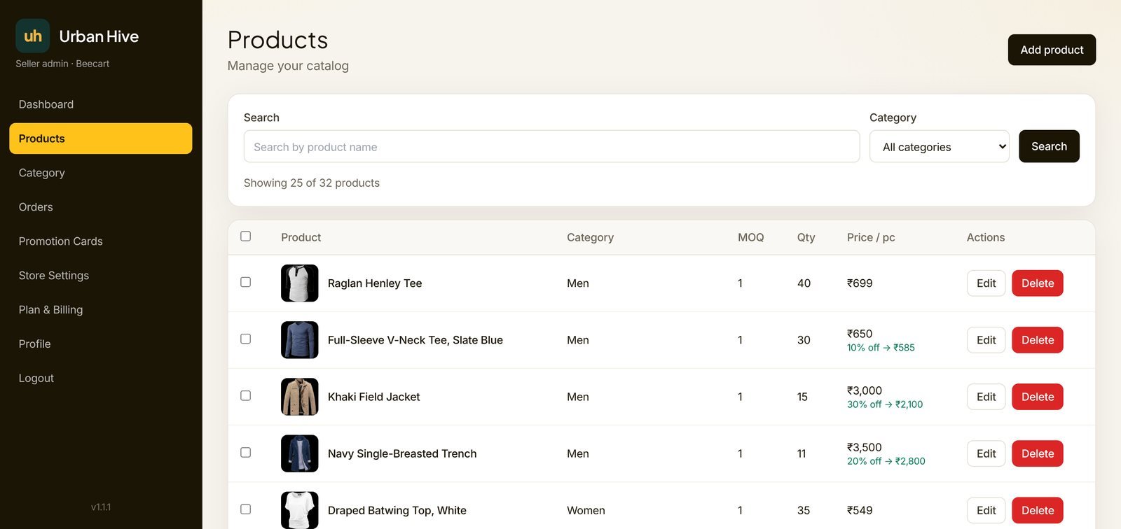 Beecart seller admin product list with photos, category, stock, price and discounts