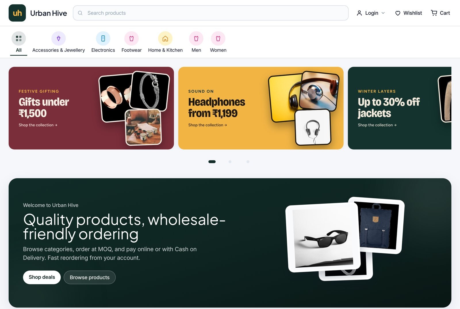 Urban Hive shop home page on Beecart with category strip, offer banners and a welcome section