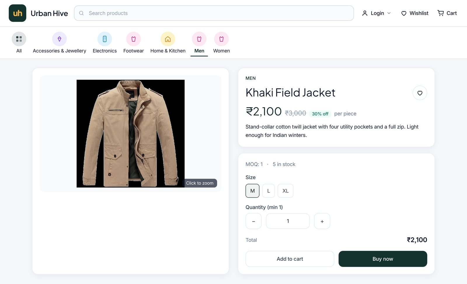 Khaki Field Jacket product page with sizes M, L and XL, quantity, Add to cart and Buy now