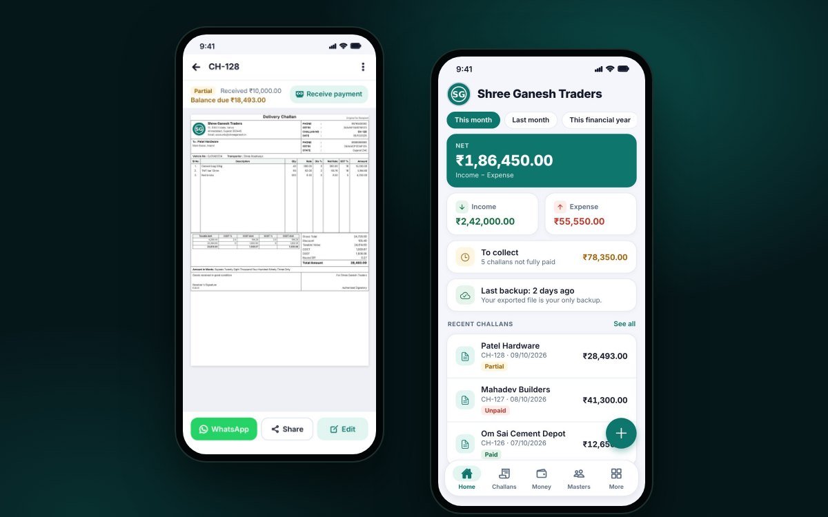 Challan - By Rojmed app with a challan PDF and the home screen