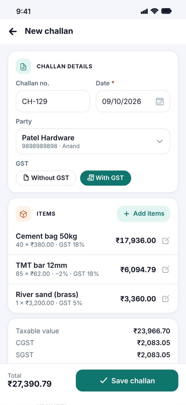Creating a challan with party, With GST and items in the Challan app