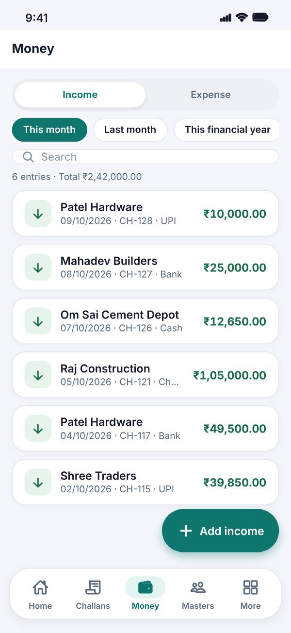 Income list with payments linked to challans