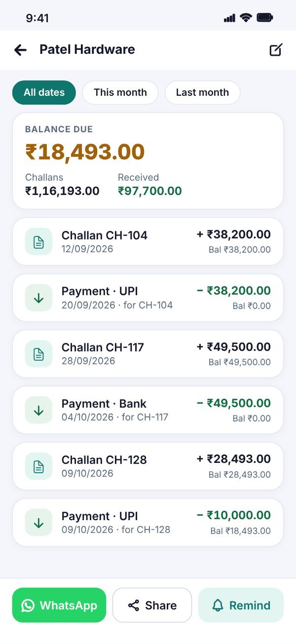 Challan app party statement with running balance