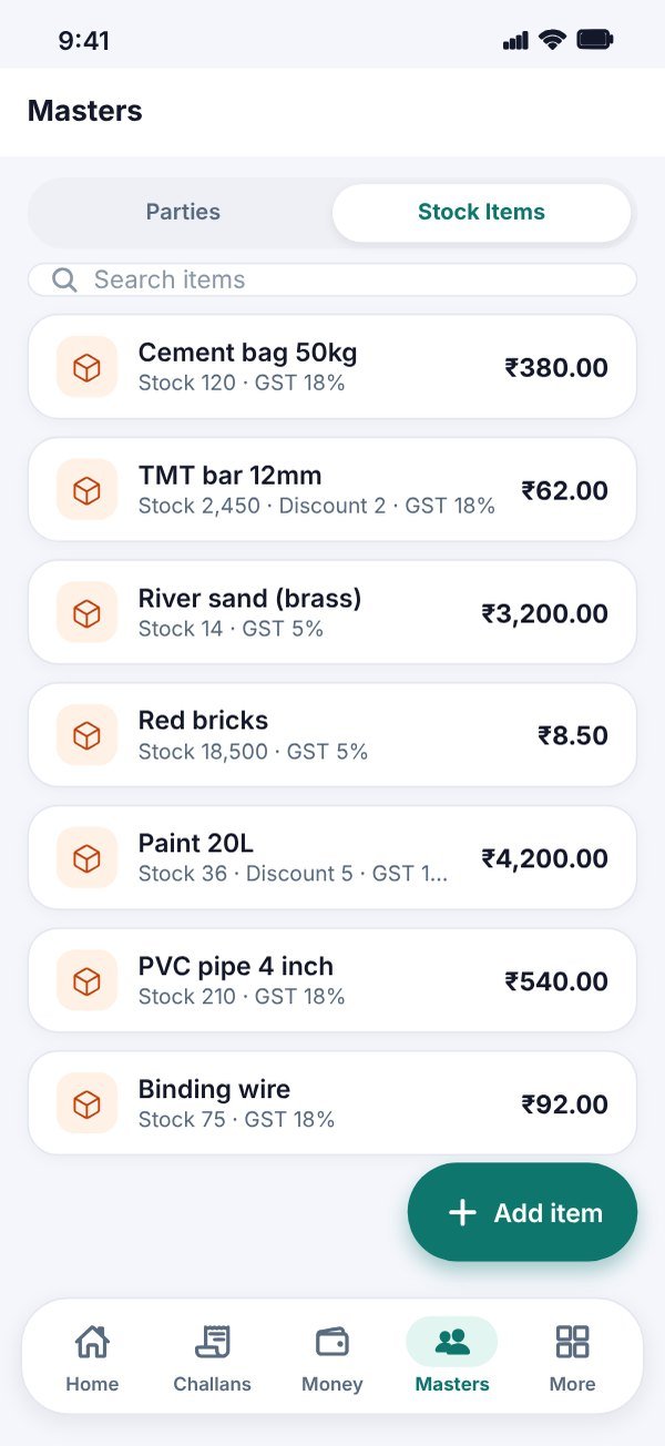 Challan app stock items with rates and stock levels