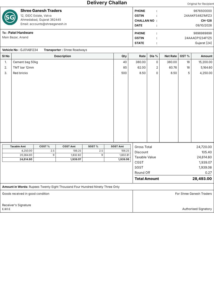 Delivery challan PDF made by the Challan app with logo, GST summary, transport details and amount in words