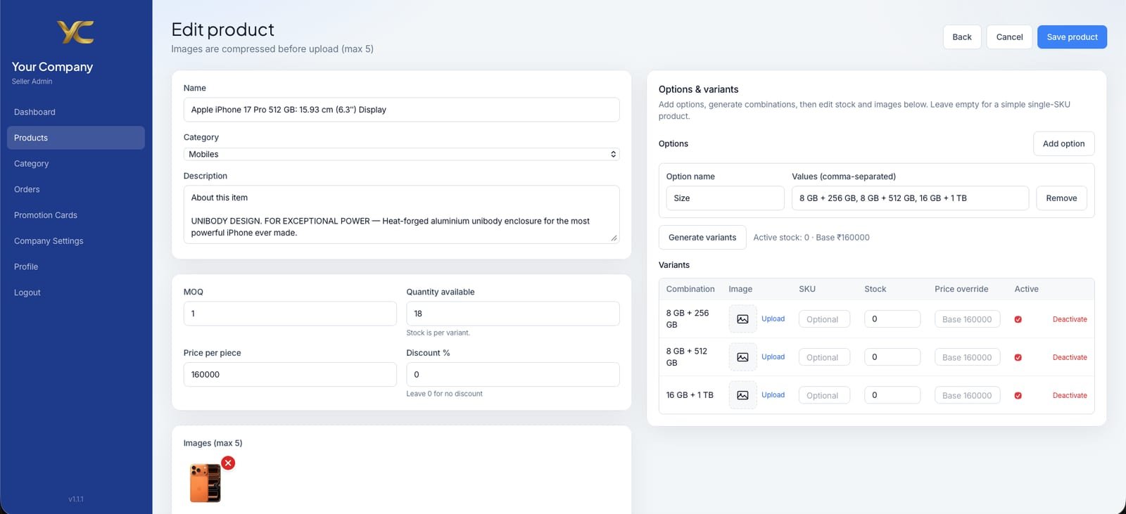 My Store seller admin edit product screen with storage options and generated variants