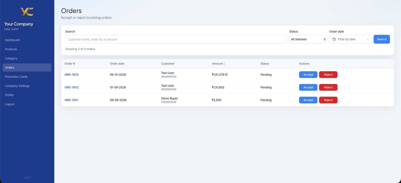 My Store seller admin orders list with Accept and Reject buttons