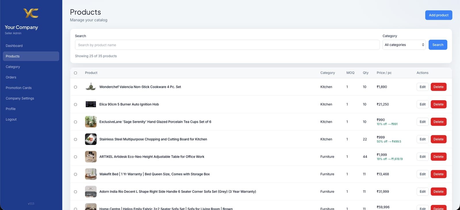 My Store seller admin product list with category, MOQ, quantity and price