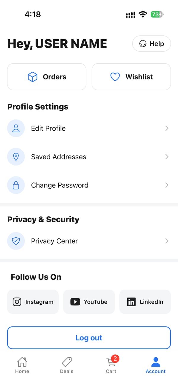 My Store app account screen with orders, wishlist and profile settings