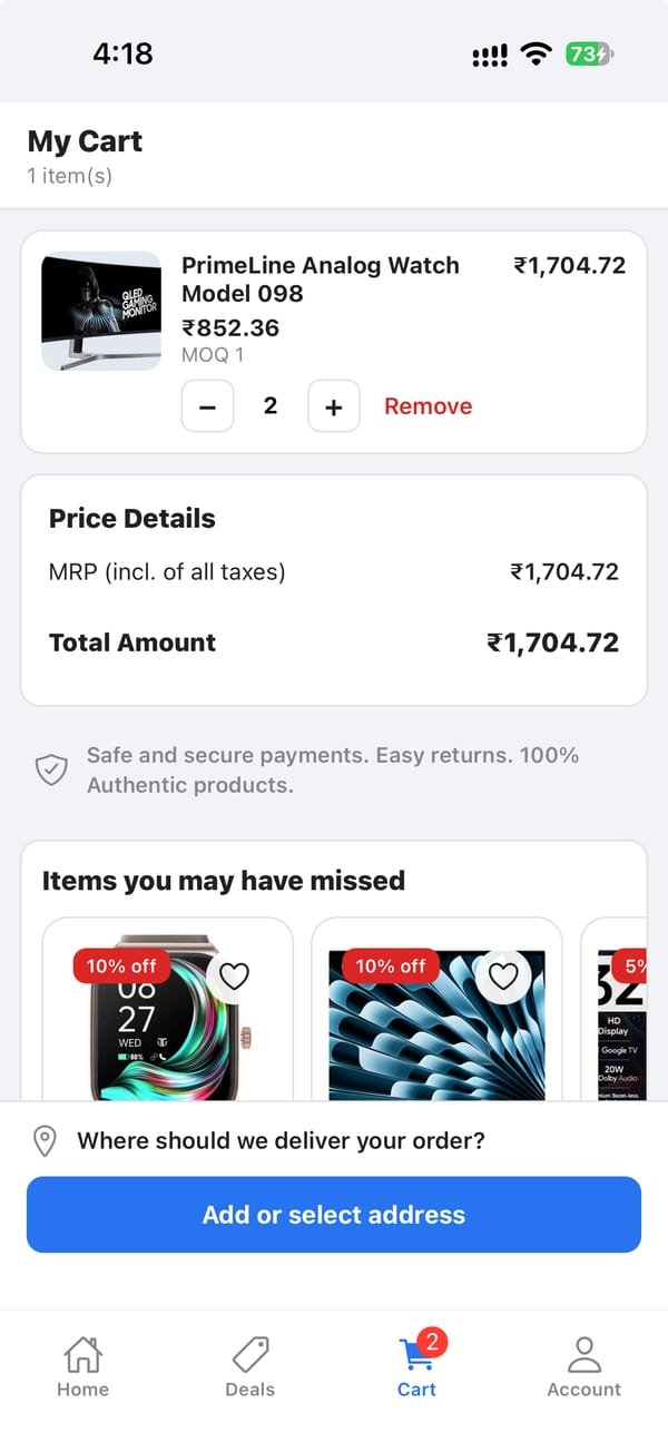 My Store app cart with price details and delivery address