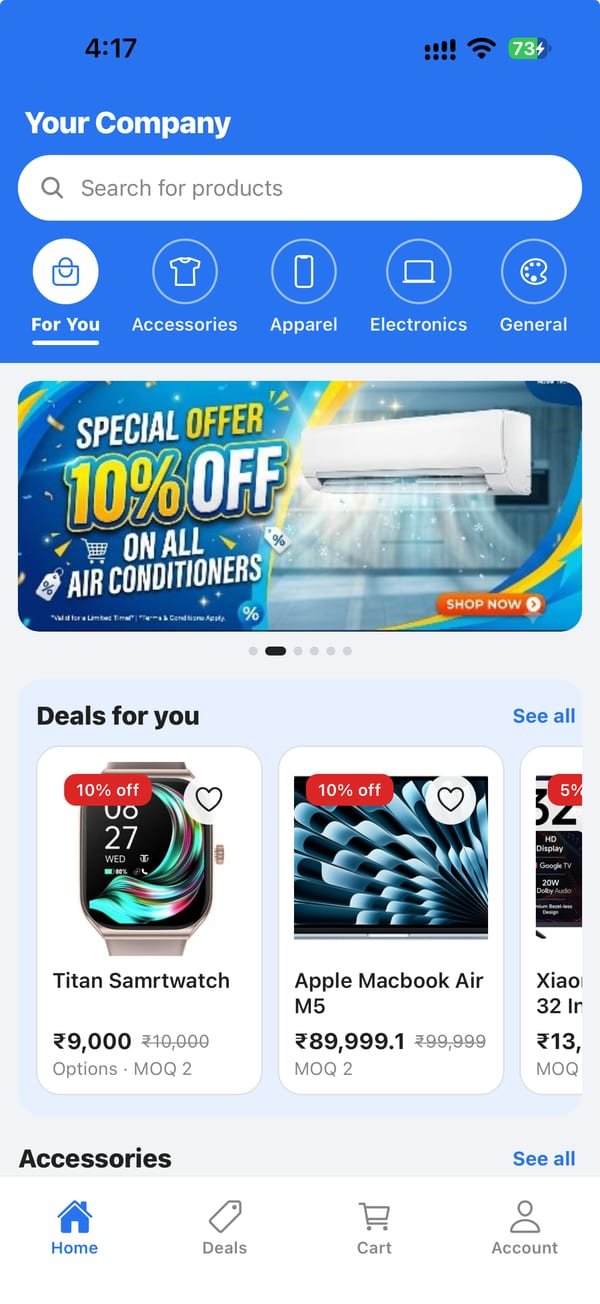 My Store app home screen with categories, offer banner and deals
