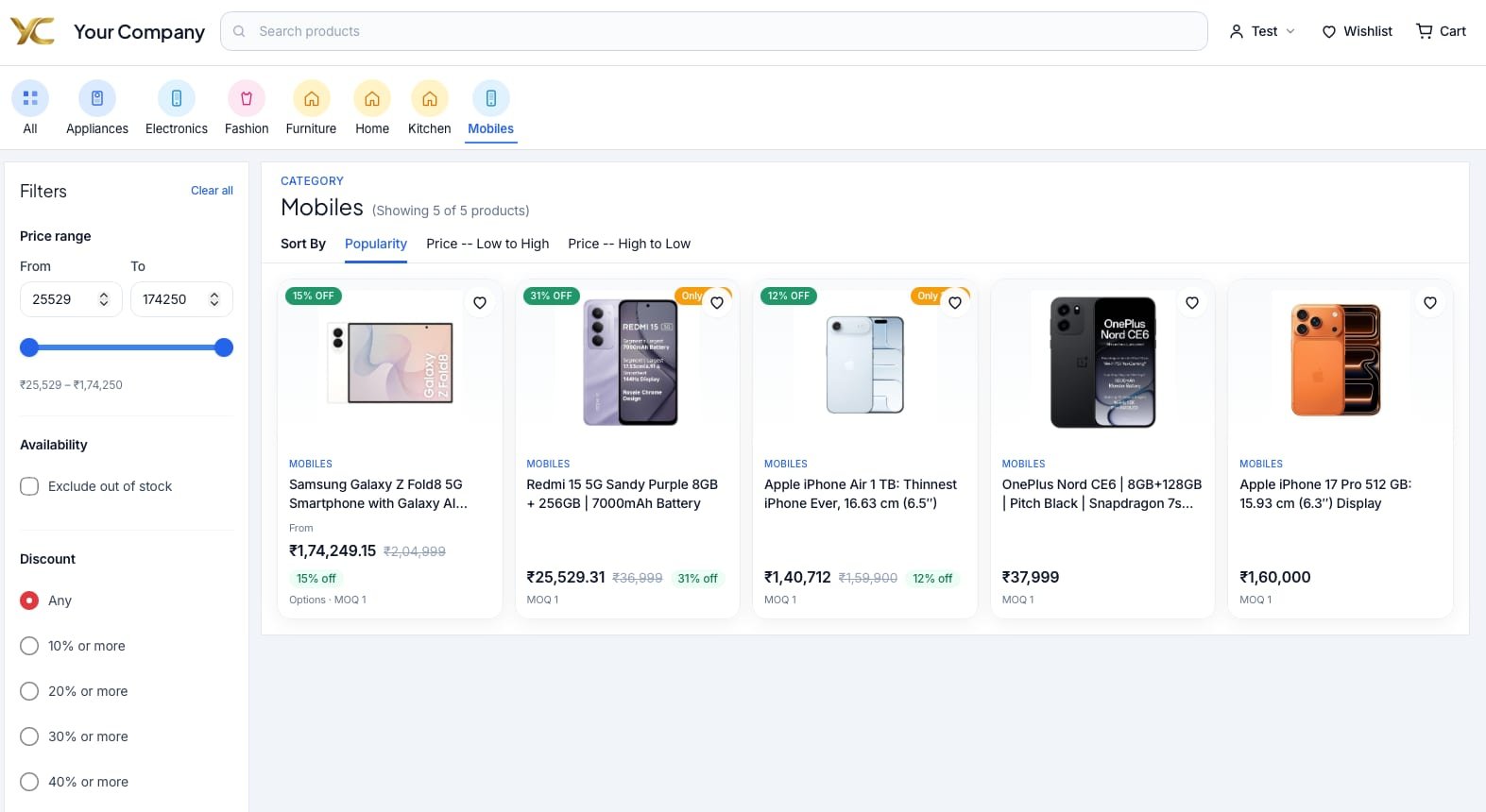 My Store website Mobiles category with price range, availability and discount filters