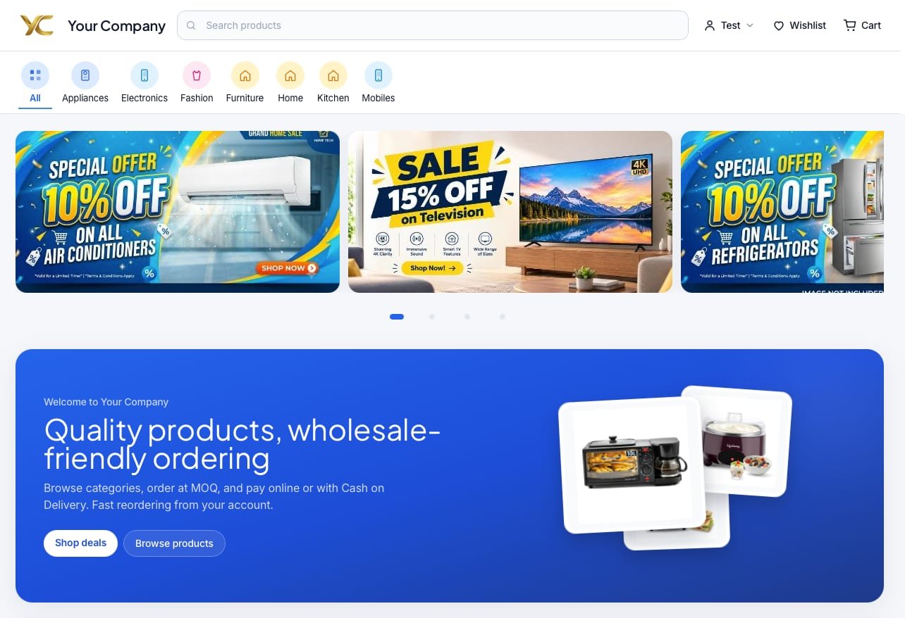 My Store website home with category strip, sale banners and a welcome section