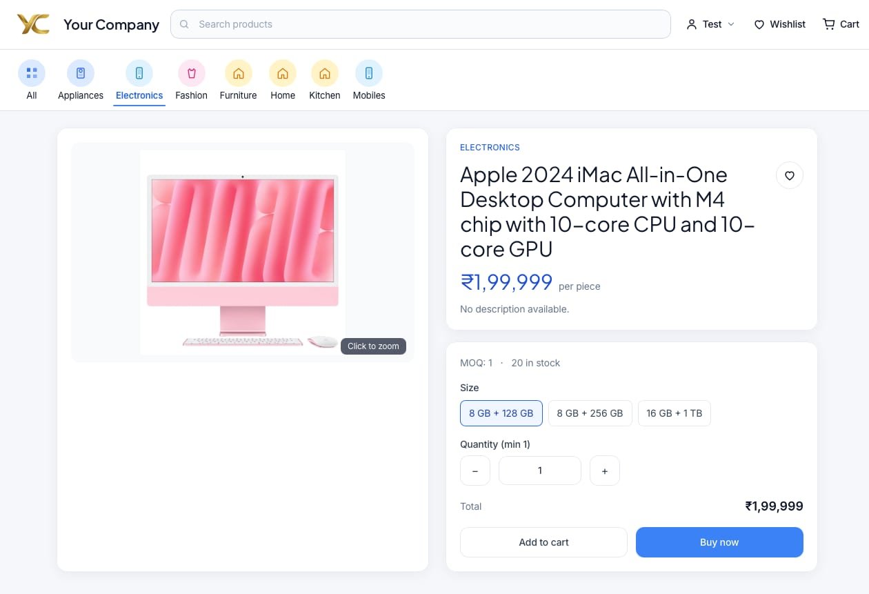 My Store website product page with size options, quantity, Add to cart and Buy now