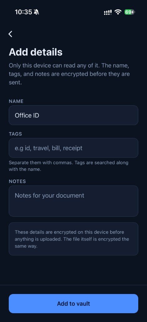 1Vault add details screen with document name Office ID, tags and notes