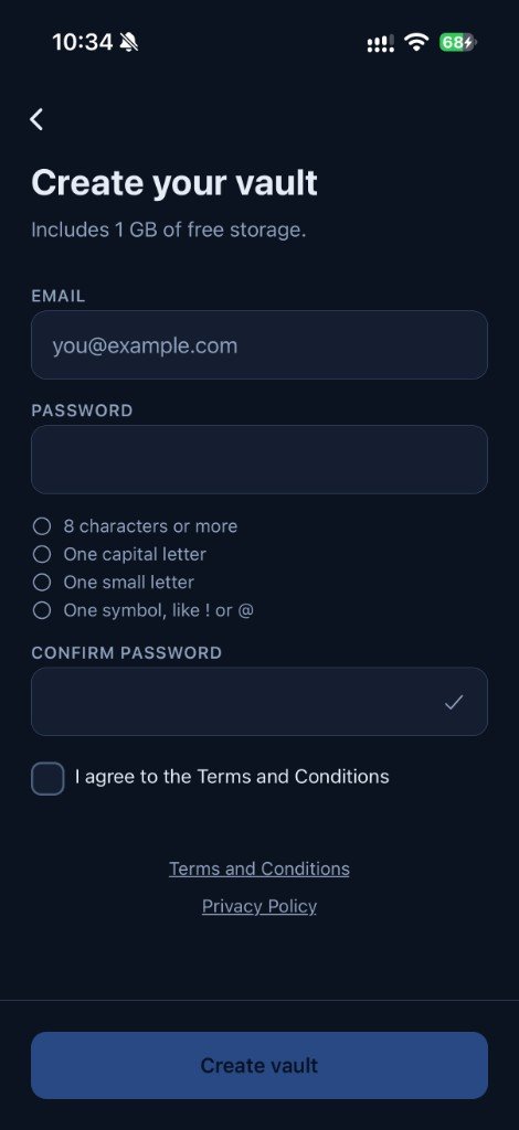 1Vault create vault screen with email, password rules and 1 GB of free storage