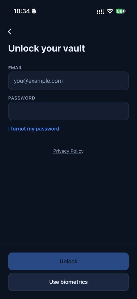1Vault unlock screen with password and biometric unlock