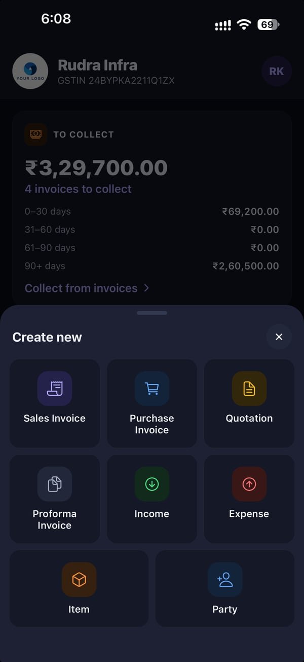 Rojmed app create menu for sales invoice, purchase invoice, quotation, proforma, income, expense, item and party