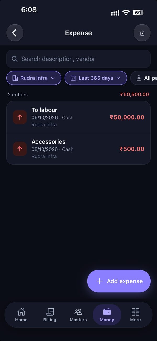 Rojmed app expense list filtered by company and date
