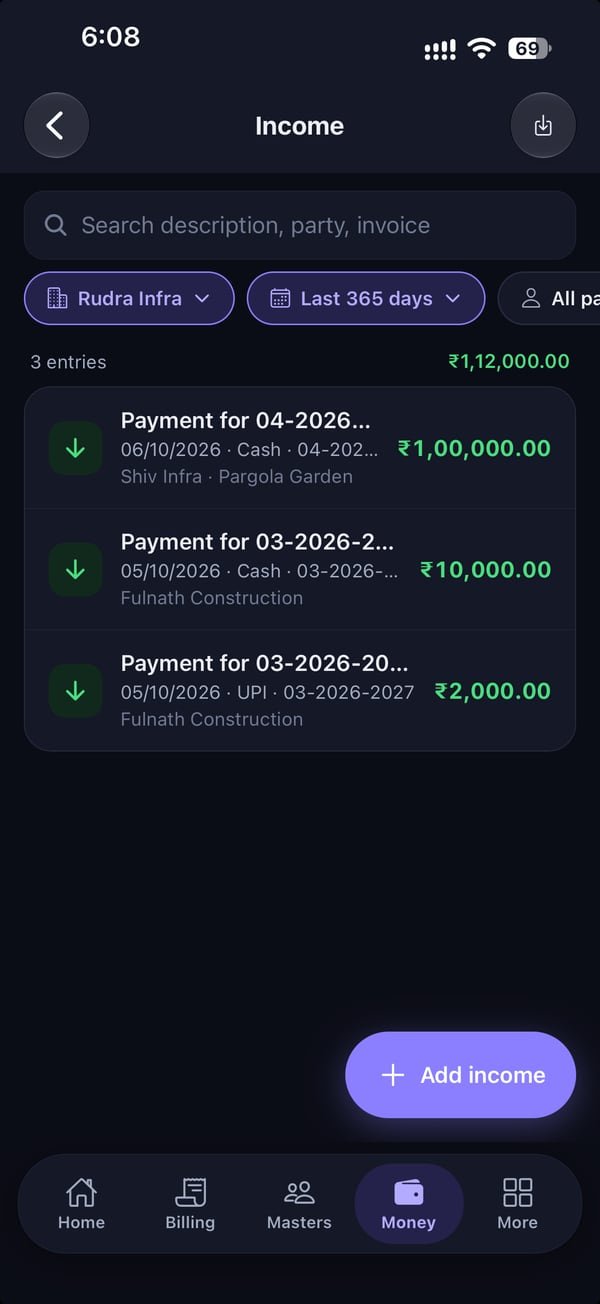 Rojmed app income list with payments linked to invoices