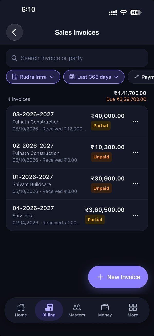 Rojmed app sales invoice list with Paid, Partial and Unpaid status and amount due