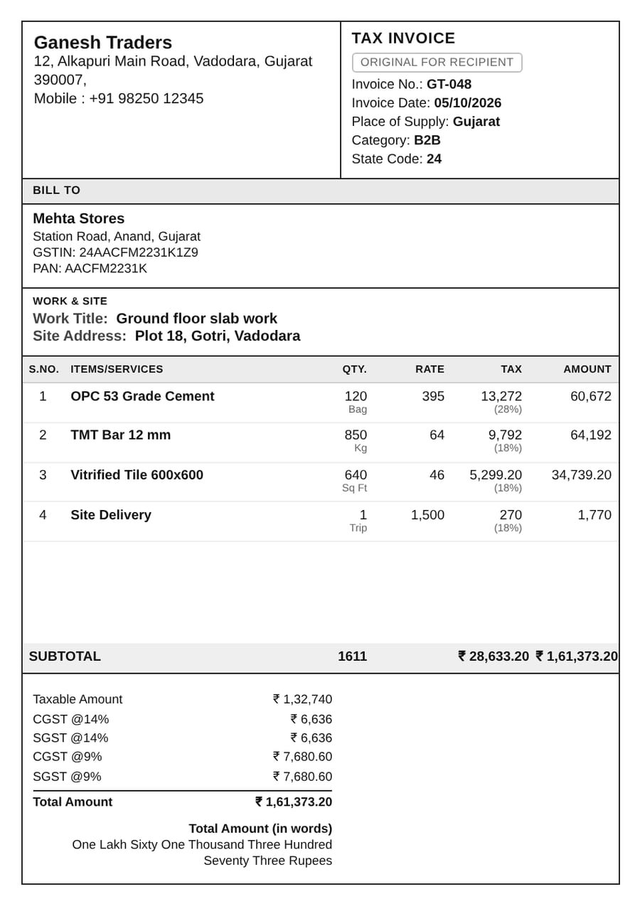 GST tax invoice PDF generated by Rojmed with HSN-wise items, CGST and SGST, and amount in words