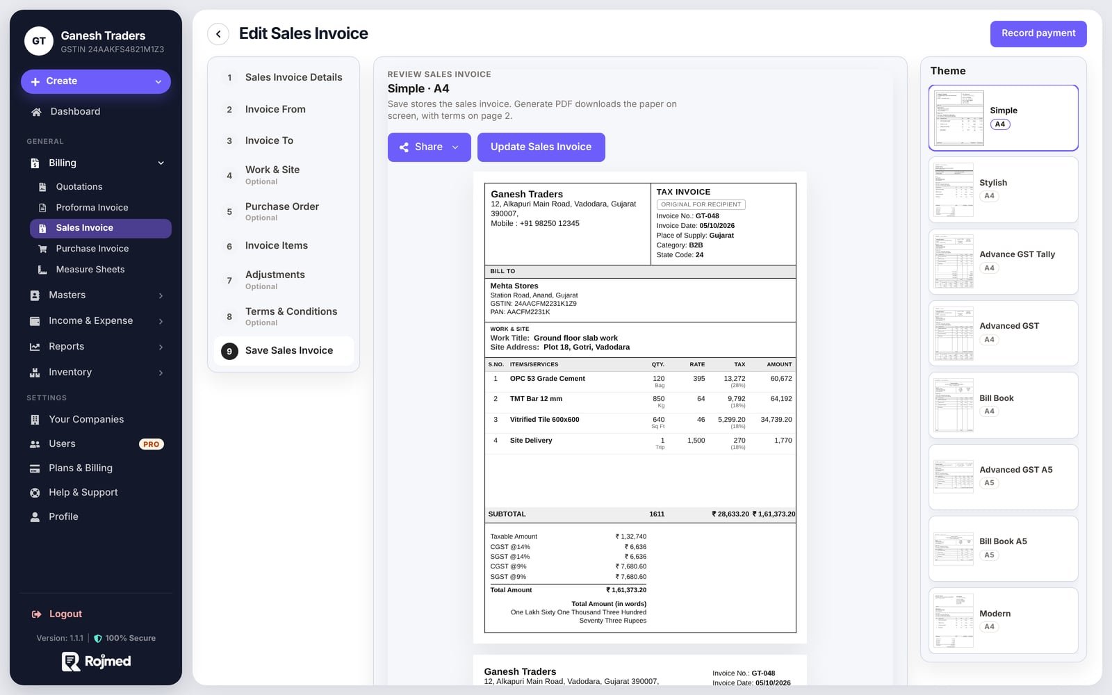 Rojmed invoice review screen with eight invoice layouts to choose from before download