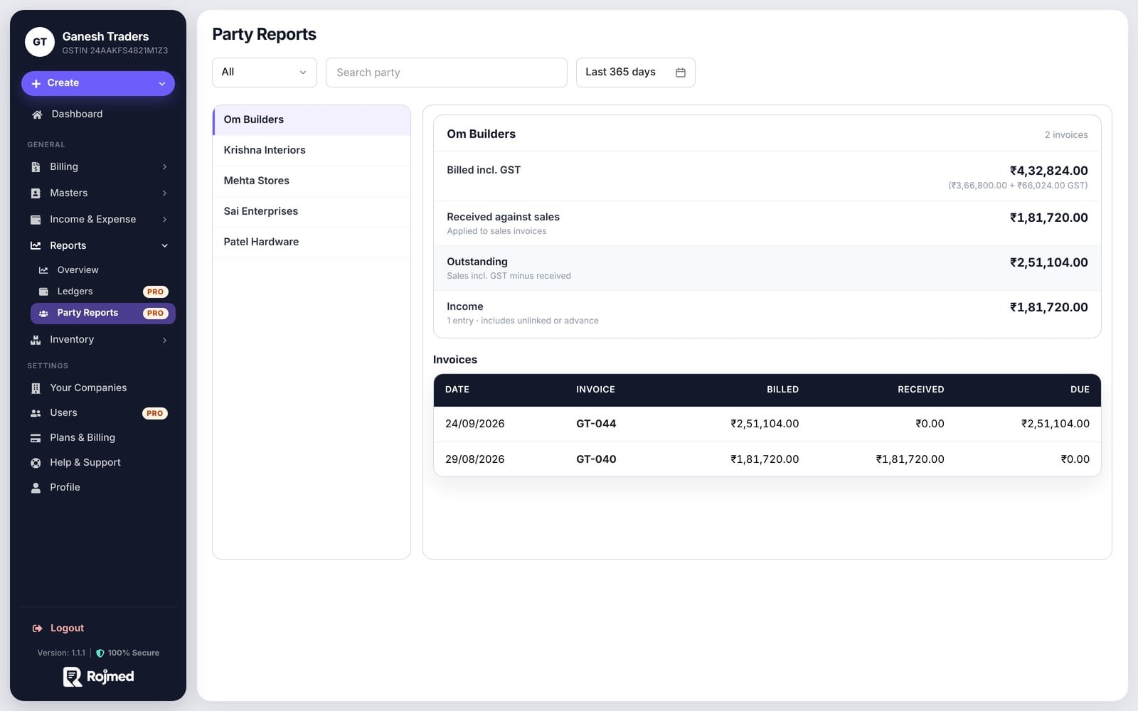 Rojmed party report showing billed, received and outstanding amounts for a customer